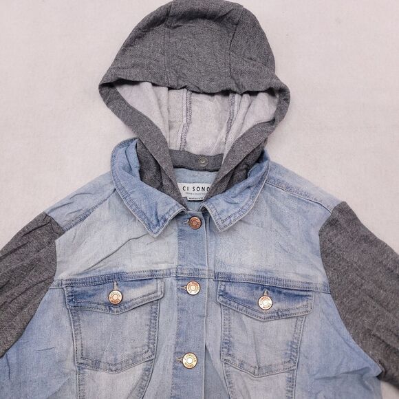 Ci Sono Casual Button Up Long Sleeve Denim Hoodie Womens Size M Gray Blue - Picture 1 of 10